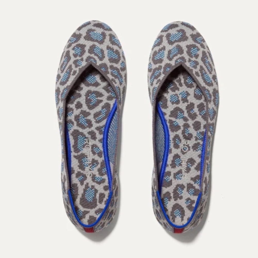 Rothy's Gray Leopard Print Flats with Blue Accents